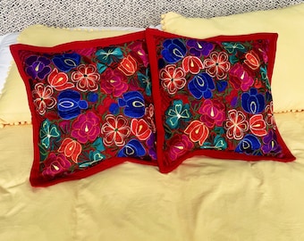 Embroidered pillow case | animals | Mexican colorful decorative pillow cover | colorful home decor | flower |  Artisanal Handwoven 20x20 in
