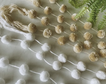 Mexican Pom Pom Garland | White & Beige Nursery Decor, 64 Inch