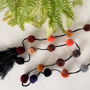 Curtain pompom tassels long cord orange & black | colorful charm | ornament decor| mexican pom pom | pompoms | nursery decor | mexican decor