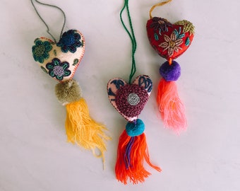 Large Embroidered flowers tassel | heart charm | glitter tassel | mexican pom pom | pompoms | sacred heart | mexican decoration | ornament