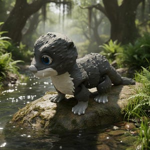 May include: A gray and white otter figurine with blue eyes, perched on a mossy rock in a stream. The otter is surrounded by lush green foliage and water, creating a naturalistic scene.