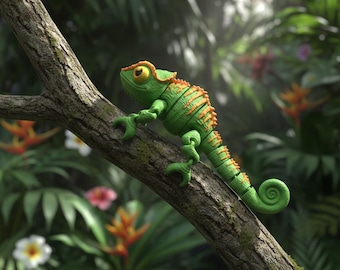 3D printed chameleon figurine with curled tail and playful detail