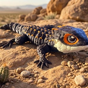 May include: A detailed, black and orange lizard figurine with a blue head and large orange eyes. The reptile is posed on a rock in a desert environment, surrounded by cacti and small stones. The figurine has a textured, scaly appearance.