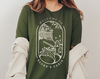 Camiseta unisex de Hobbits de la Cabaña de Beorn, Señor de Hobbiton, Regalo para amantes de los libros de fantasía, Regalo geek de J. R. R. Tolkien, Camiseta de oso, Hobbitcore