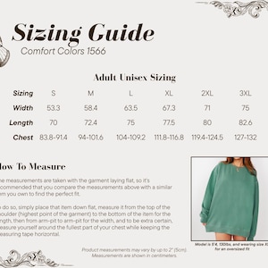 May include: A sizing guide for Comfort Colors 1566 adult unisex clothing, with measurements in centimeters for sizes S to 3XL. The guide includes width, length, and chest measurements. A model wearing an oversized XL is shown.