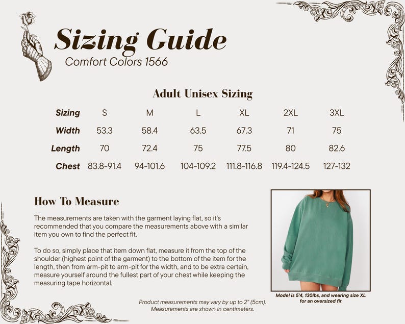 May include: A sizing guide for Comfort Colors 1566 adult unisex clothing, with measurements in centimeters for sizes S to 3XL. The guide includes width, length, and chest measurements. A model wearing an oversized XL is shown.