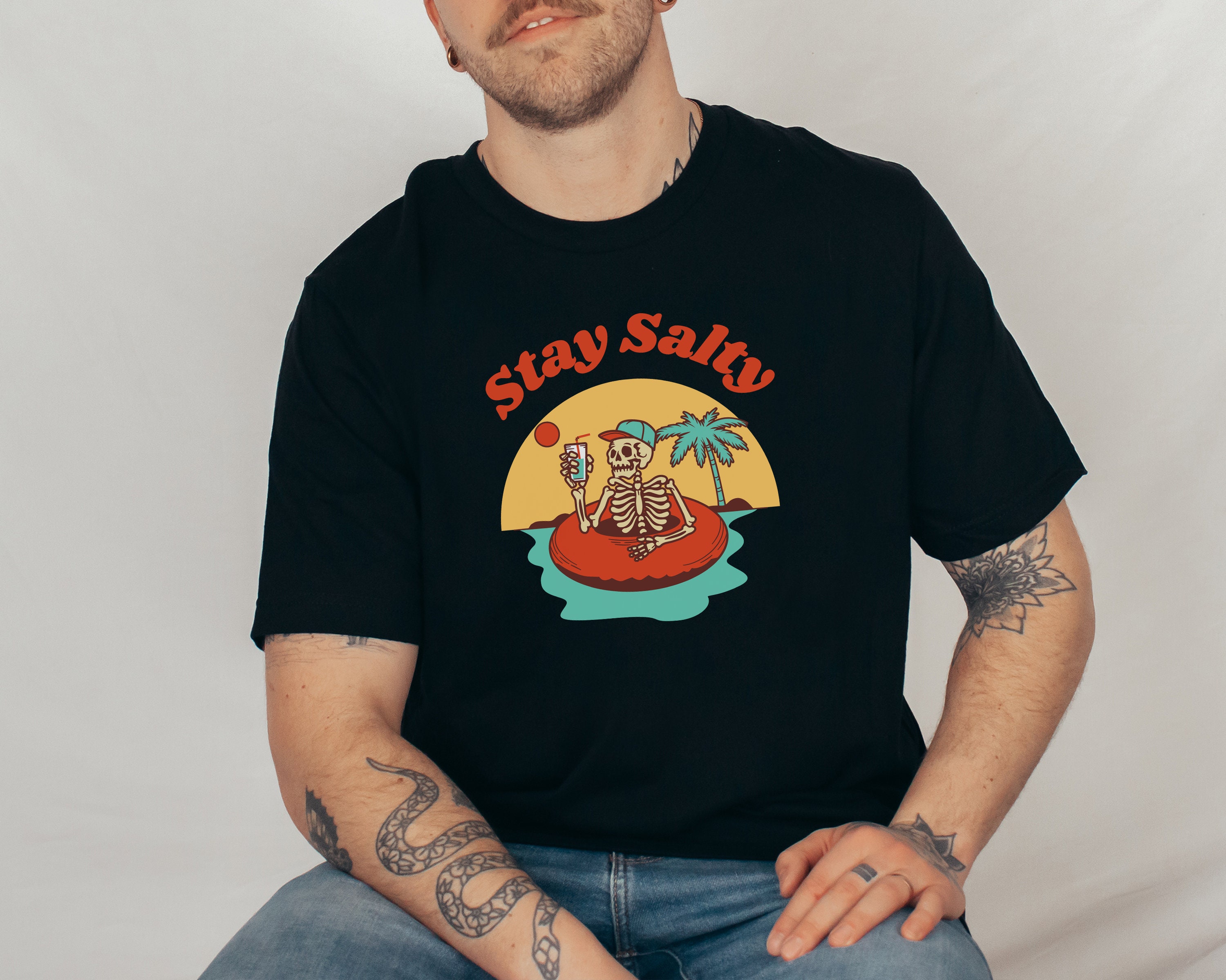 Discover Stay Salty Beach Unisex Summer Shirt, Vintage Style Tee, Summertime Vacation, Oversized Skeleton Grunge T-Shirt