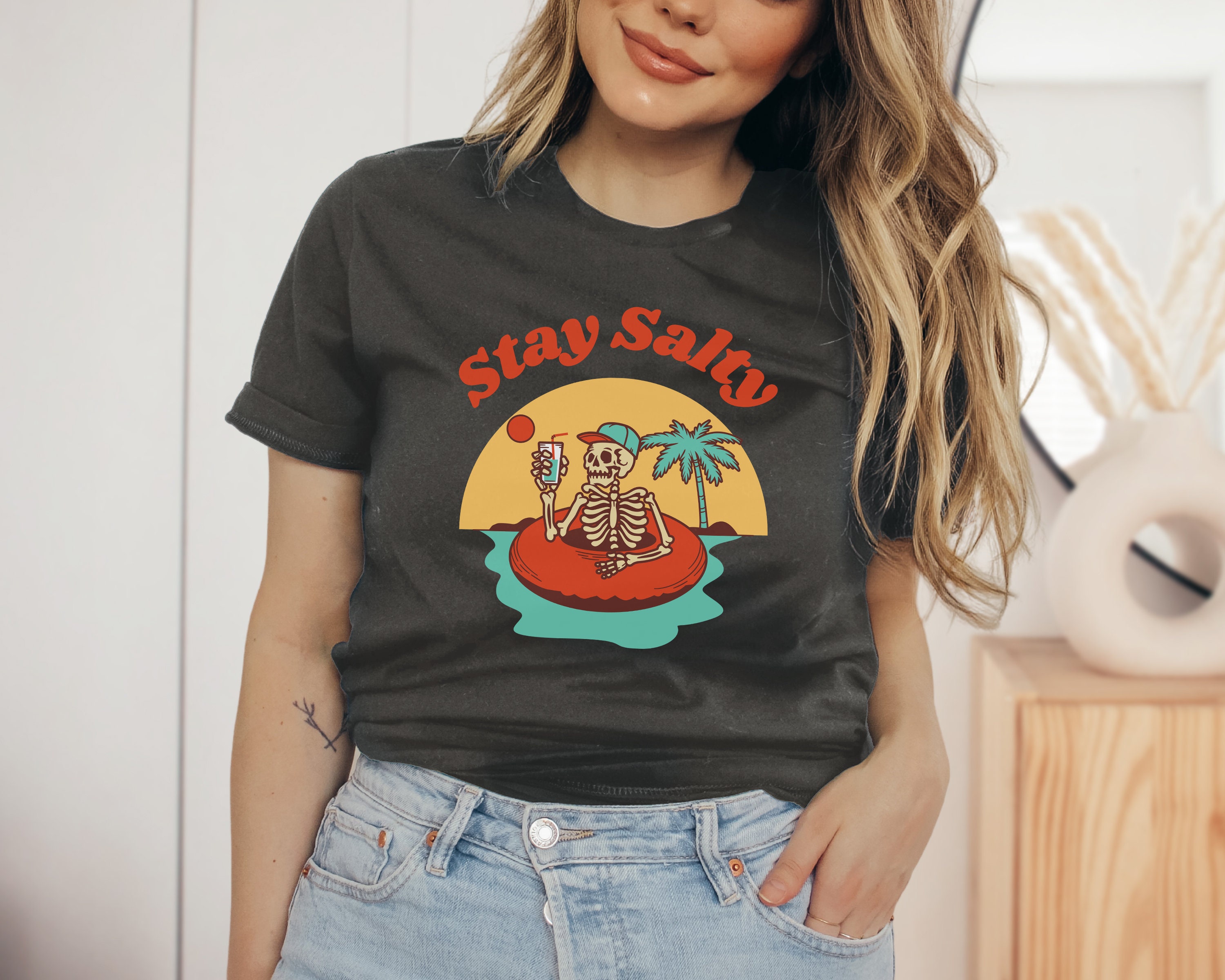 Discover Stay Salty Beach Unisex Summer Shirt, Vintage Style Tee, Summertime Vacation, Oversized Skeleton Grunge T-Shirt