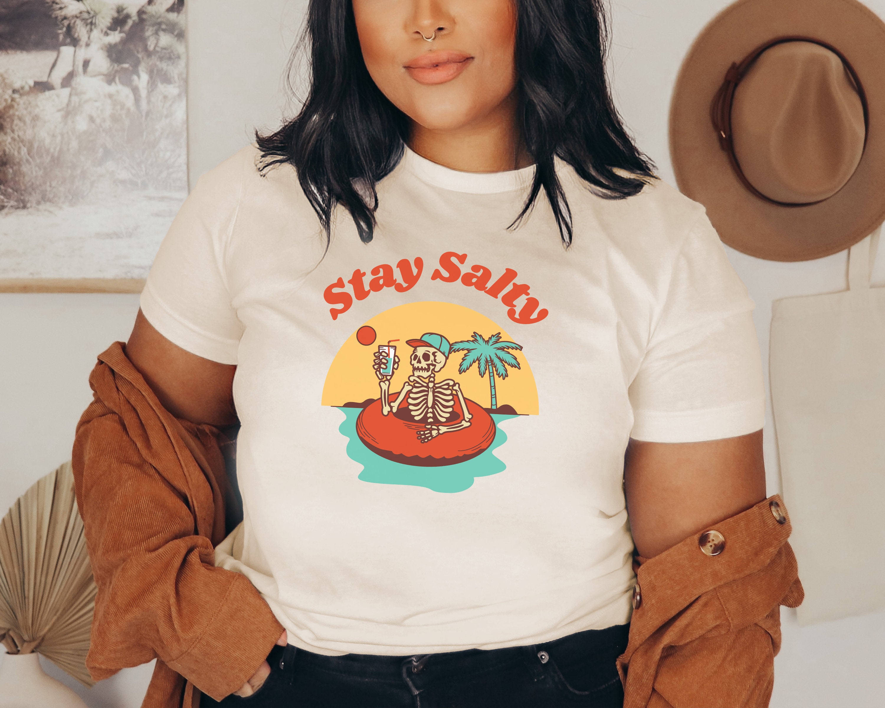Discover Stay Salty Beach Unisex Summer Shirt, Vintage Style Tee, Summertime Vacation, Oversized Skeleton Grunge T-Shirt
