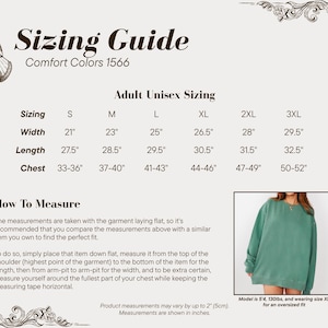 May include: A sizing guide for Comfort Colors 1566 adult unisex apparel. The guide includes measurements for width, length, and chest in inches for sizes S to 3XL. Instructions on how to measure are also provided.