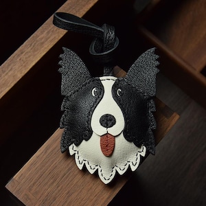 Genuine Leather Bag Charm & Keychain, Cute Border Collie Handbag Charm, Unique Thanksgiving Gift, Gift Box
