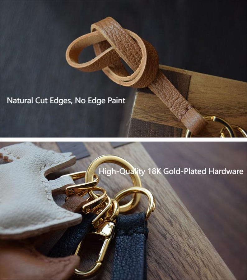 K&ouml;nnte beinhalten: Nahaufnahme eines braunen Leder-Schl&uuml;sselanh&auml;ngers mit geknoteter Schlaufe. Der Schl&uuml;sselanh&auml;nger hat vergoldete Beschl&auml;ge und den Text "Natural Cut Edges, No Edge Paint" und "High-Quality 18K Gold-Plated Hardware".