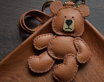 Handmade Leather Bag Charm Keychain, Teddy Bear Handbag Charm, Unique Christmas Gift