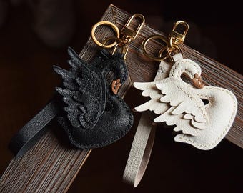 Genuine Leather Handmade Bag Charm Keychain, Swan Handbag Charm, Black Swan Charm, Swan Lake Keychain, Unique Christmas Gift