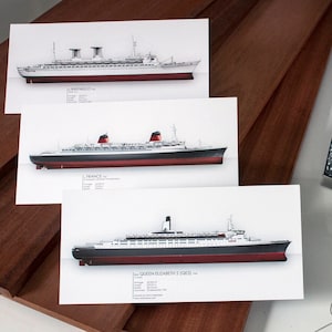 Superliner trio: SS Raffaello 1965 + SS France 1962 + RMS Queen Elizabeth 2 | 3 prints | 21x10 cm | Limited Edition