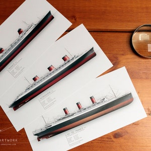 French trio: SS Ile-de-France 1927 + SS Normandie 1935 + SS France 1962 | 3 prints | 21x10 cm | Limited Edition