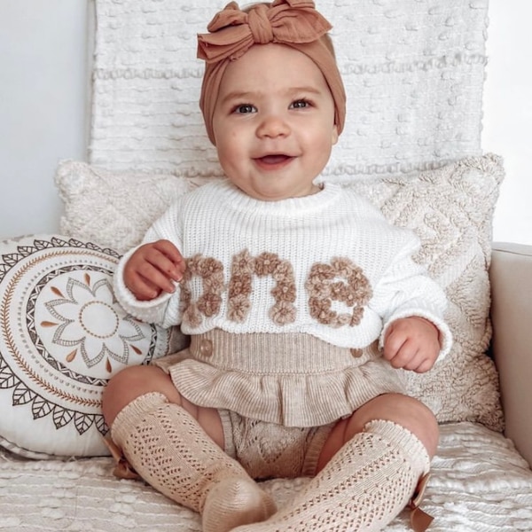 Personalised Knitted Jumper | one | birthday jumper | Baby Jumpers | Name Jumper | Keepsake Jumper | Hand Stitched | Bespoke | embroidered