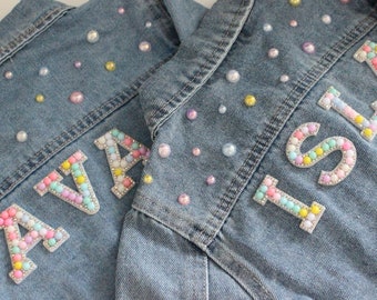 Personalised hand embroidered denim jacket | children’s denim jacket | bespoke | Name Jacket | Pearl beads |