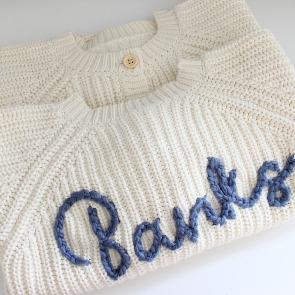 Personalised knitted cardigan | Baby Name | Keepsake | First Cardigan | Hand Embroidered | Baby Gift | Cable Knit | cream