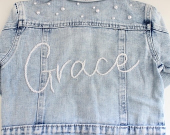 Personalised hand embroidered denim jacket | children’s denim jacket | bespoke | Name Jacket | Pearl beads |