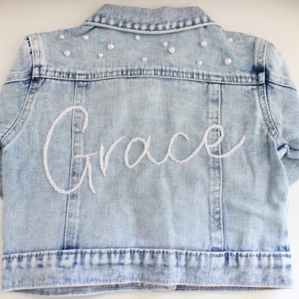 Personalised hand embroidered denim jacket | children’s denim jacket | bespoke | Name Jacket | Pearl beads |