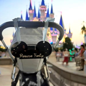 Stroller Sign- Mickey Ears inspired stroller sign-Black Acrylic Hanging name tag for stroller, amusement park stroller tag,Stroller Name tag