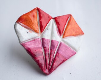 Lesbian Pride Origami Heart Ceramic Pin - LGBTQ statement jewellery, unique handmade brooch, gift ideas
