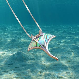 Abalone sterling zilveren manta rog ketting | Sieraden met oceaan dieren