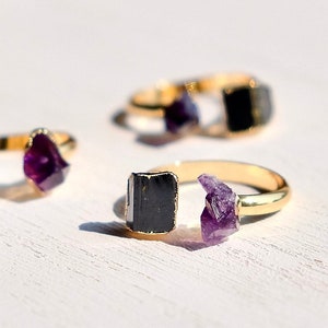 Amethyst & Black Tourmaline Gold Ring | Gold Ring | Adjustable Ring | Crystal Jewelry | Healing | Protection | Boho | Gift | SVNBEAMX