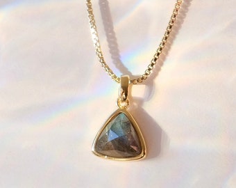Labradorite Triangle Pendant Necklace: 18K Gold Plated Box Chain