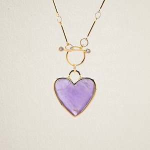 Amethyst Heart Pendant Necklace: Gold Toggle Chain, Healing Crystal