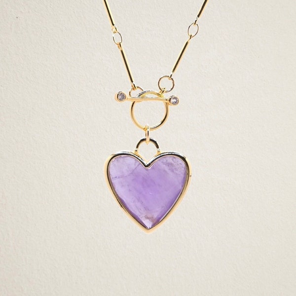 Amethyst Heart Pendant Necklace: Gold Toggle Chain, Healing Crystal
