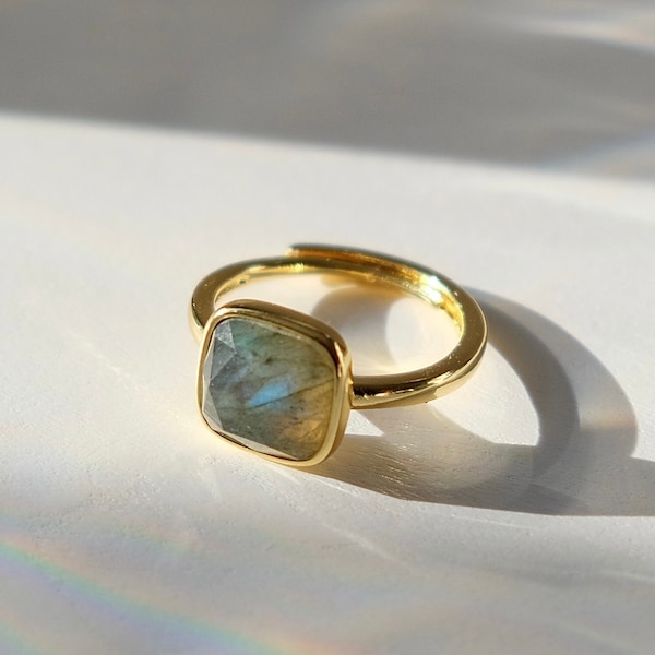 Labradorite Gold Ring | November Birth Stone | Adjustable Ring | Gemstone Ring | Gold Ring | Square Stone Ring | Dainty Ring | Gift for Her