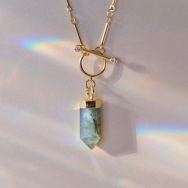Labradorite Crystal Point Necklace: Gold Toggle Chain, February Birthstone