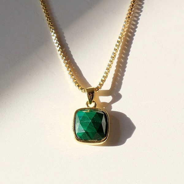 Malachite Dainty Necklace | Square Malachite Pendant Necklace | Crystal Necklace | Gold Box Chain Necklace | Healing | gift | SVNBEAMX