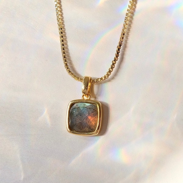 Labradorite Pendant Necklace: 18K Gold Plated Brass, Square Crystal