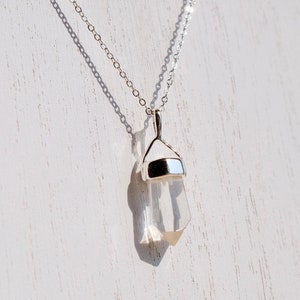 Clear Quartz Crystal Point Necklace: Silver Plated Brass Chain