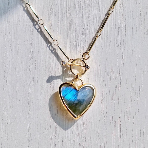 Labradorite Necklace | Crystal Heart Pendant Necklace | Gold Chain Toggle Necklace | Crystal Jewelry | Healing | Boho | Gift | SVNBEAMX