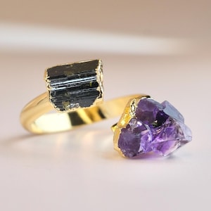 Amethyst & Black Tourmaline Gold Ring | Adjustable Crystal Ring | Healing and Protection Jewelry | Boho Gemstone Gift | SVNBEAMX