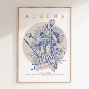 May include: A blue and white illustration of Athena, the Greek goddess of wisdom, war, and crafts. The image is surrounded by stylized flowers and the text "ATHENA" is at the top of the image. The text "Ancient Greek (Myth)" is at the bottom of the image.