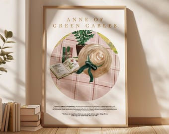 May include: A poster with a watercolor illustration of a book, a straw hat, and a potted plant on a pink and white checkered picnic blanket. The poster has the title "Anne of Green Gables" in gold lettering.