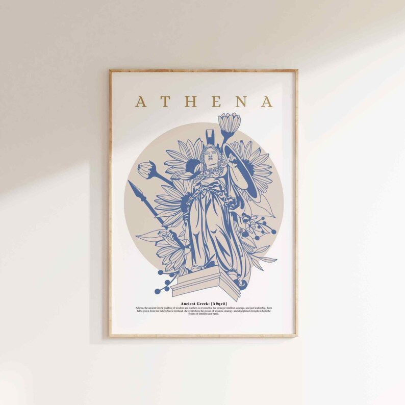 May include: A blue and white illustration of Athena, the Greek goddess of wisdom, war, and crafts. The image is surrounded by stylized flowers and the text "ATHENA" is at the top of the image. The text "Ancient Greek (Myth)" is at the bottom of the image.