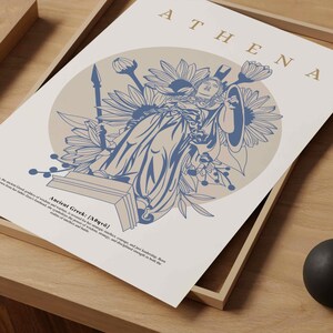 May include: A digital illustration of Athena, the Greek goddess of wisdom, war, and crafts. She is depicted in a blue and white color scheme, standing on a pedestal with a spear and shield. The background is a light beige with floral designs.