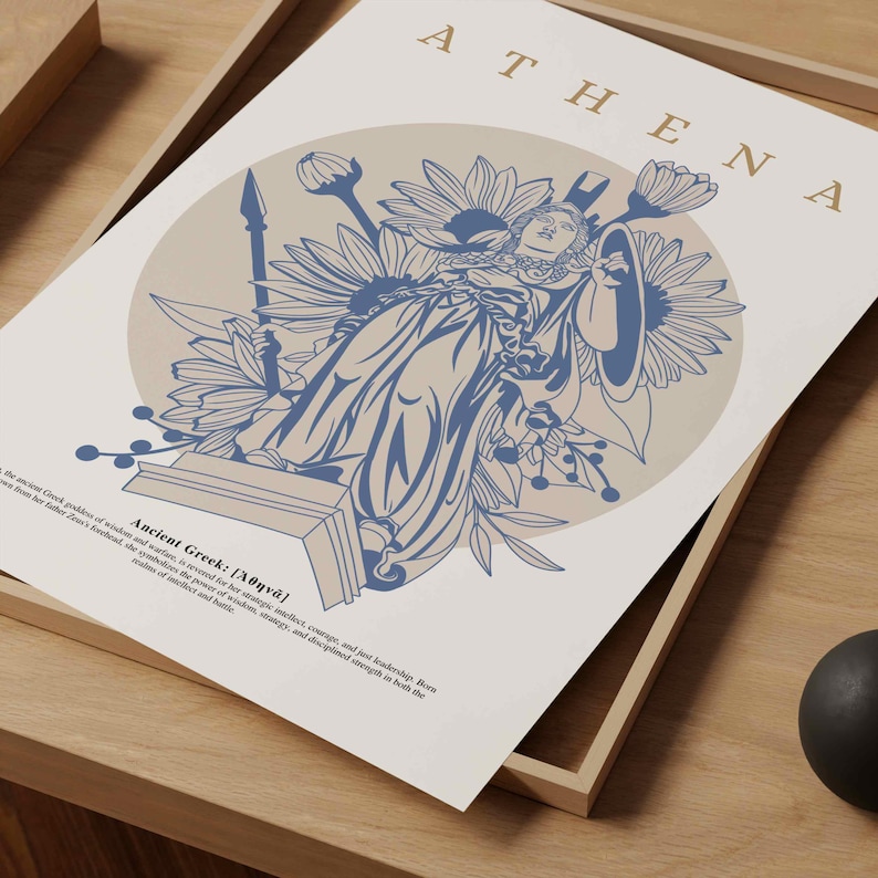 May include: A digital illustration of Athena, the Greek goddess of wisdom, war, and crafts. She is depicted in a blue and white color scheme, standing on a pedestal with a spear and shield. The background is a light beige with floral designs.