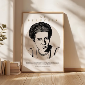 Simone de Beauvoir Portrait Print – Feminist Philosopher Art, Poster, Minimalist Wall Decor for Thinkers & Readers