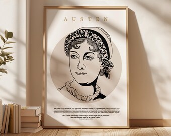 Jane Austen Portrait Print – Hand-Drawn Literary Art, Minimalist Author Wall Art, Bookish Home Decor,  Poster for Book Lovers