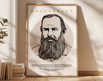 Fyodor Dostoevsky Portrait Print – Hand-Drawn Russian Author Art, Literary Wall Decor, Poster for Bookworms & Thinkers