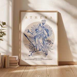 May include: A printable poster with a blue and white illustration of Athena, the Greek goddess of wisdom and warfare, surrounded by flowers. The poster has a beige background and the text "ATHENA" in gold lettering at the top. The text "Ancient Greek (Myth)" is at the bottom of the poster.