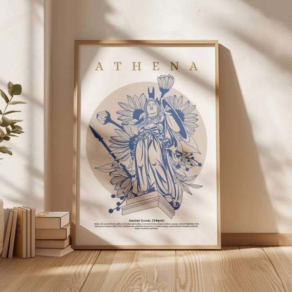 Athena Poster – Greek Goddess Wall Art Print – Minimalist Mythology Decor – Digitally Hand-Drawn Art – Modern Greek Aesthetic - Minerva