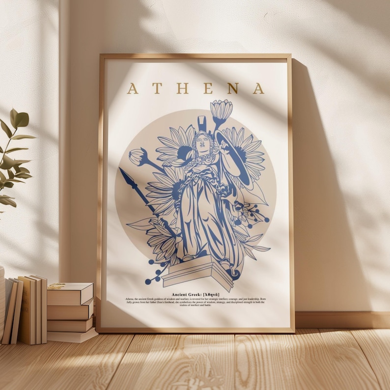 May include: A printable poster with a blue and white illustration of Athena, the Greek goddess of wisdom and warfare, surrounded by flowers. The poster has a beige background and the text "ATHENA" in gold lettering at the top. The text "Ancient Greek (Myth)" is at the bottom of the poster.